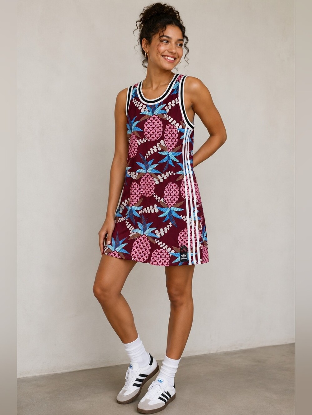 ADIDAS Sleeveless Pineapple Print Dress in Burgundy and Pink